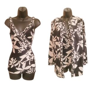 60s Catalina Black Floral Skirt One Piece Swimsuit and Cover Up‎
